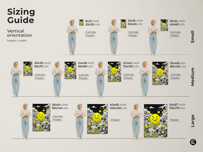 Sizing guide for vertical artwork featuring a melting smiley face and skulls. Available in small medium and large sizes. Visualize the perfect fit for your space with canvas and poster options. Find the ideal dimensions to enhance your home decor with this striking art piece.