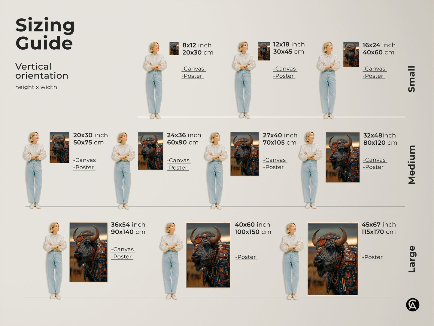 This is a sizing guide for vertical orientation. It shows small medium and large sizes. The canvas and poster print options are visible. The artwork is a bison with leather jacket. This artwork is perfect for a man cave decor. Get a custom portrait print.
