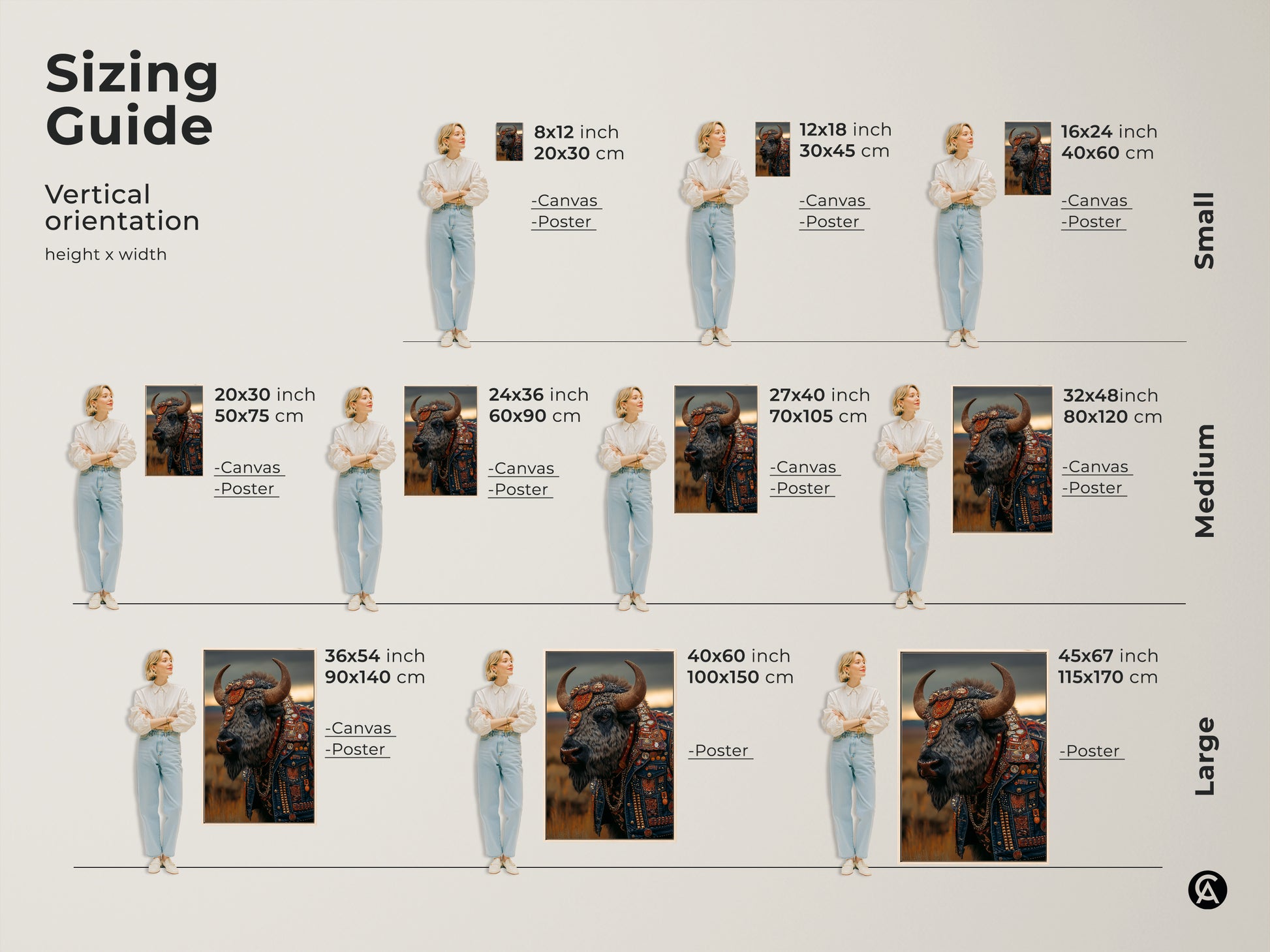 This is a sizing guide for vertical orientation. It shows small medium and large sizes. The canvas and poster print options are visible. The artwork is a bison with leather jacket. This artwork is perfect for a man cave decor. Get a custom portrait print.
