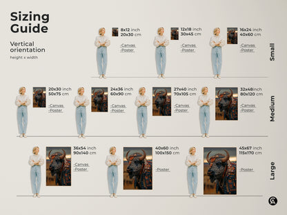 This is a sizing guide for vertical orientation. It shows small medium and large sizes. The canvas and poster print options are visible. The artwork is a bison with leather jacket. This artwork is perfect for a man cave decor. Get a custom portrait print.