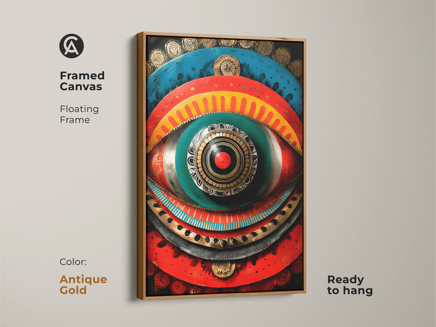 Antique gold framed canvas. The unique eye motif print is ready to hang. This global-inspired home art makes a stunning eclectic boho artwork addition to any space.