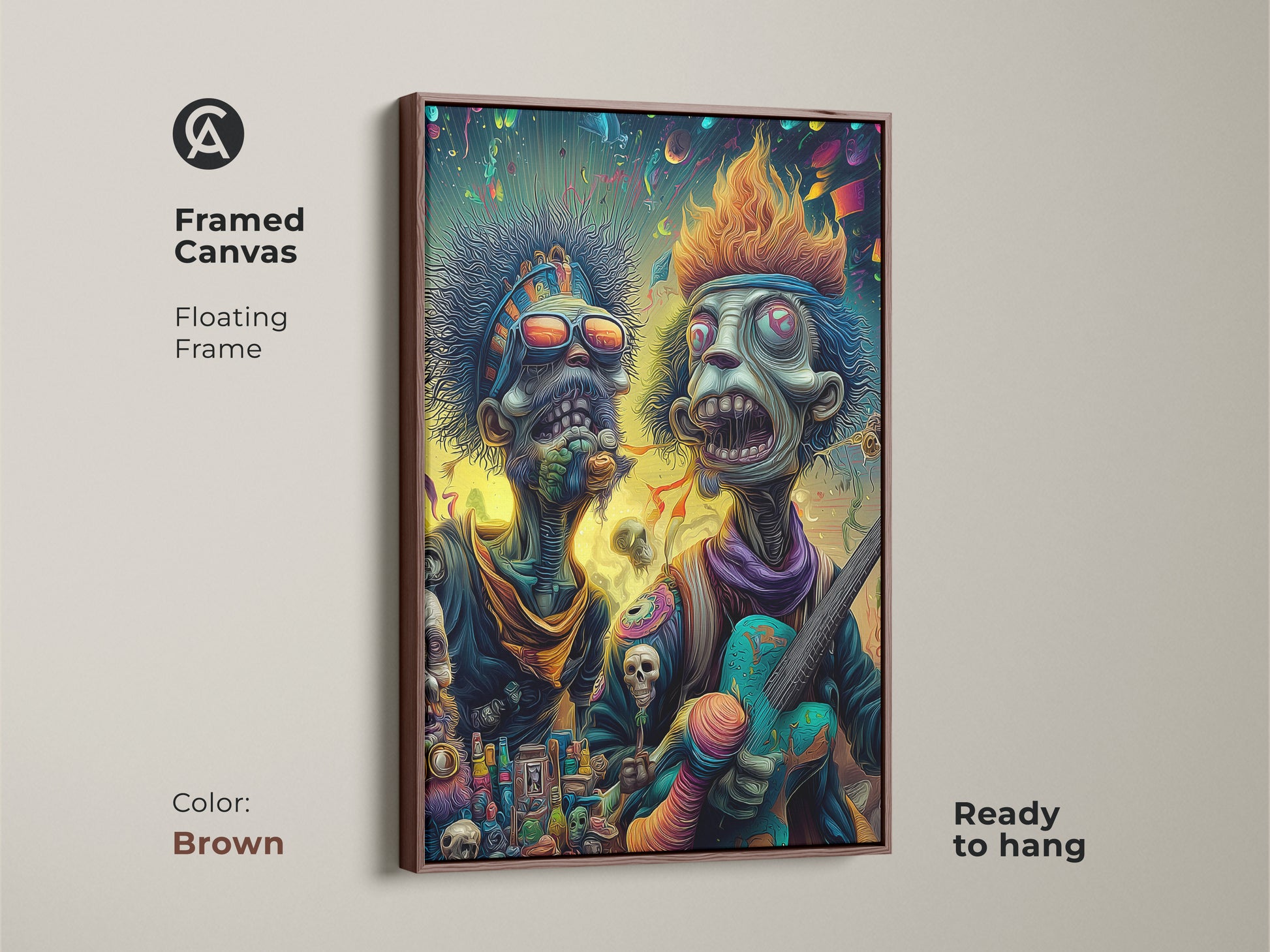 Framed canvas art featuring two zombie musicians in brown floating frame. The artwork is ready to hang. This unique art piece is perfect for adding a touch of punk rock style to your space.