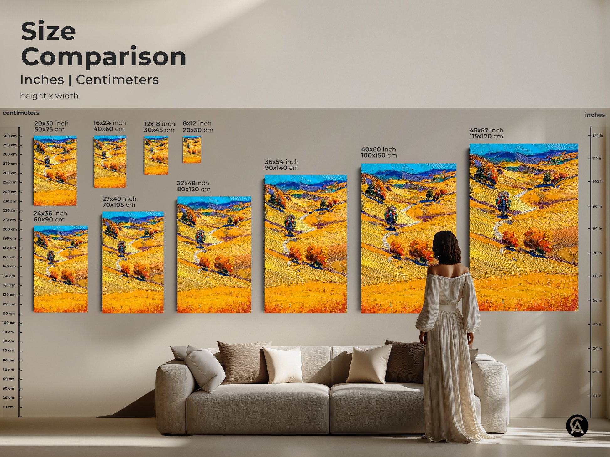 Size Comparison featuring Golden Yellow Landscape Canvas Print. Contemporary Landscape Canvas various sizes displayed above a sofa offer insight. The autumn nature artwork is perfect as bedroom wall art or in a living room. It provides a warm inviting touch. Ideal housewarming gift for art lovers seeking modern impressionist art.