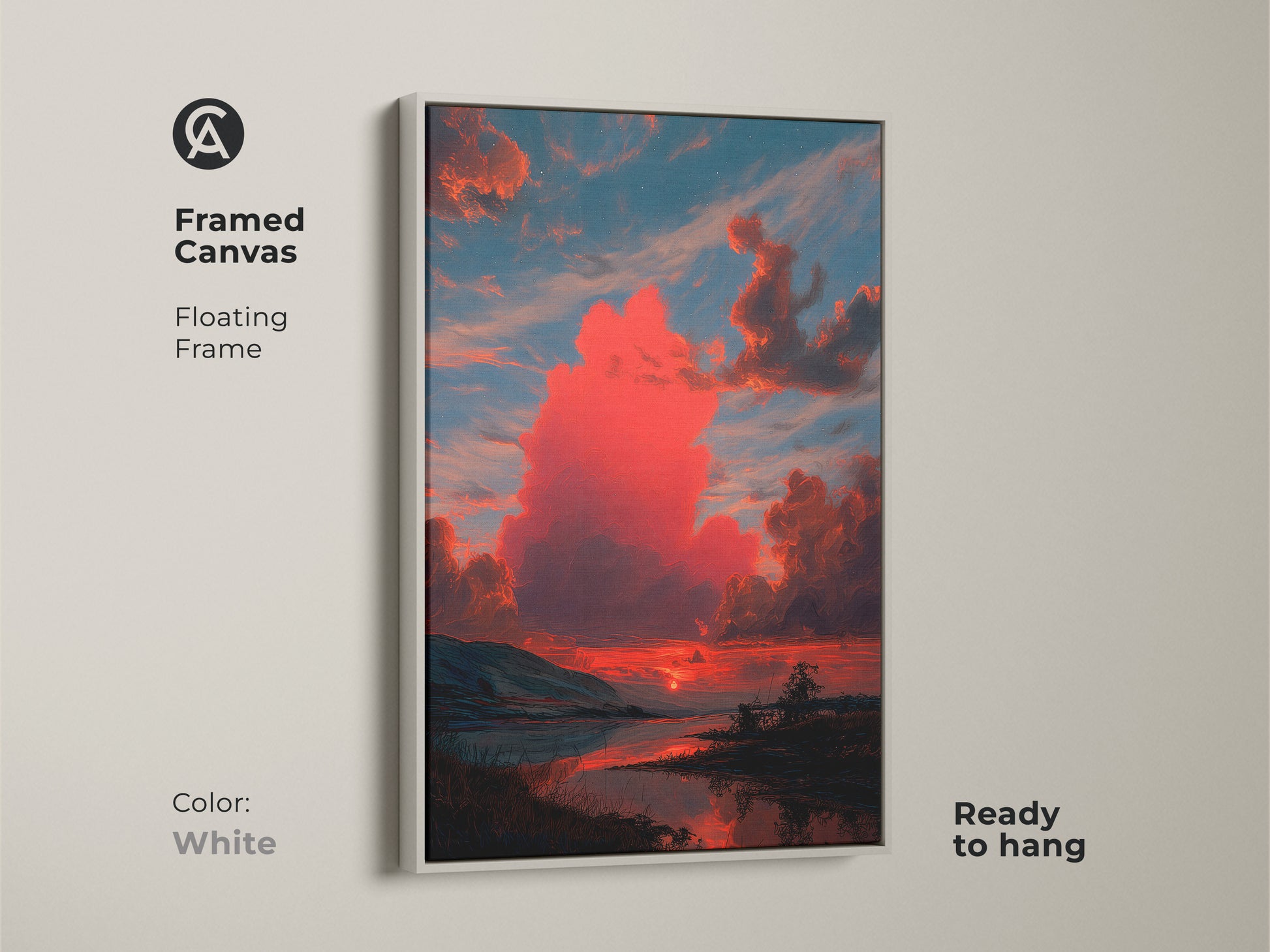 This framed canvas print has a white floating frame. It features a dramatic crimson sunset and teal landscape wall art. Ready to hang it's a vibrant addition to any room. The artwork is a contemporary nature decor piece.