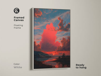 This framed canvas print has a white floating frame. It features a dramatic crimson sunset and teal landscape wall art. Ready to hang it's a vibrant addition to any room. The artwork is a contemporary nature decor piece.
