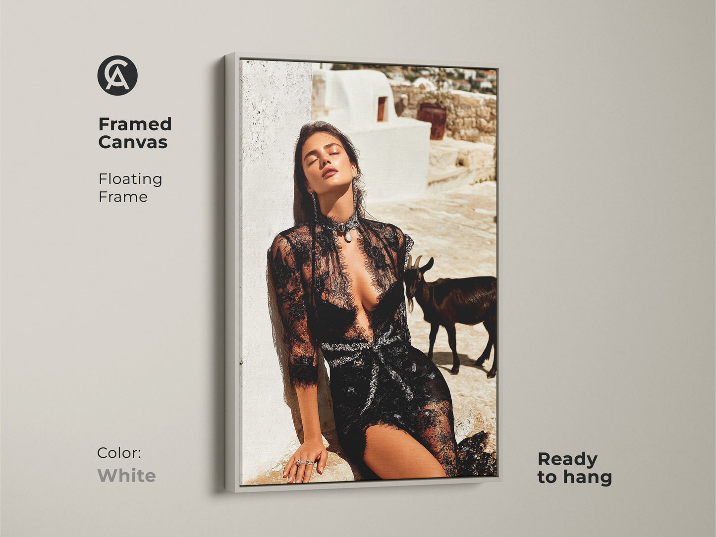 Framed canvas of a glamorous woman in black lace with a white frame. The fashion editorial artwork showcases a goat. The unique home gift is ready to hang. The black white beige art enhances modern eclectic art collections. Add sophisticated style.