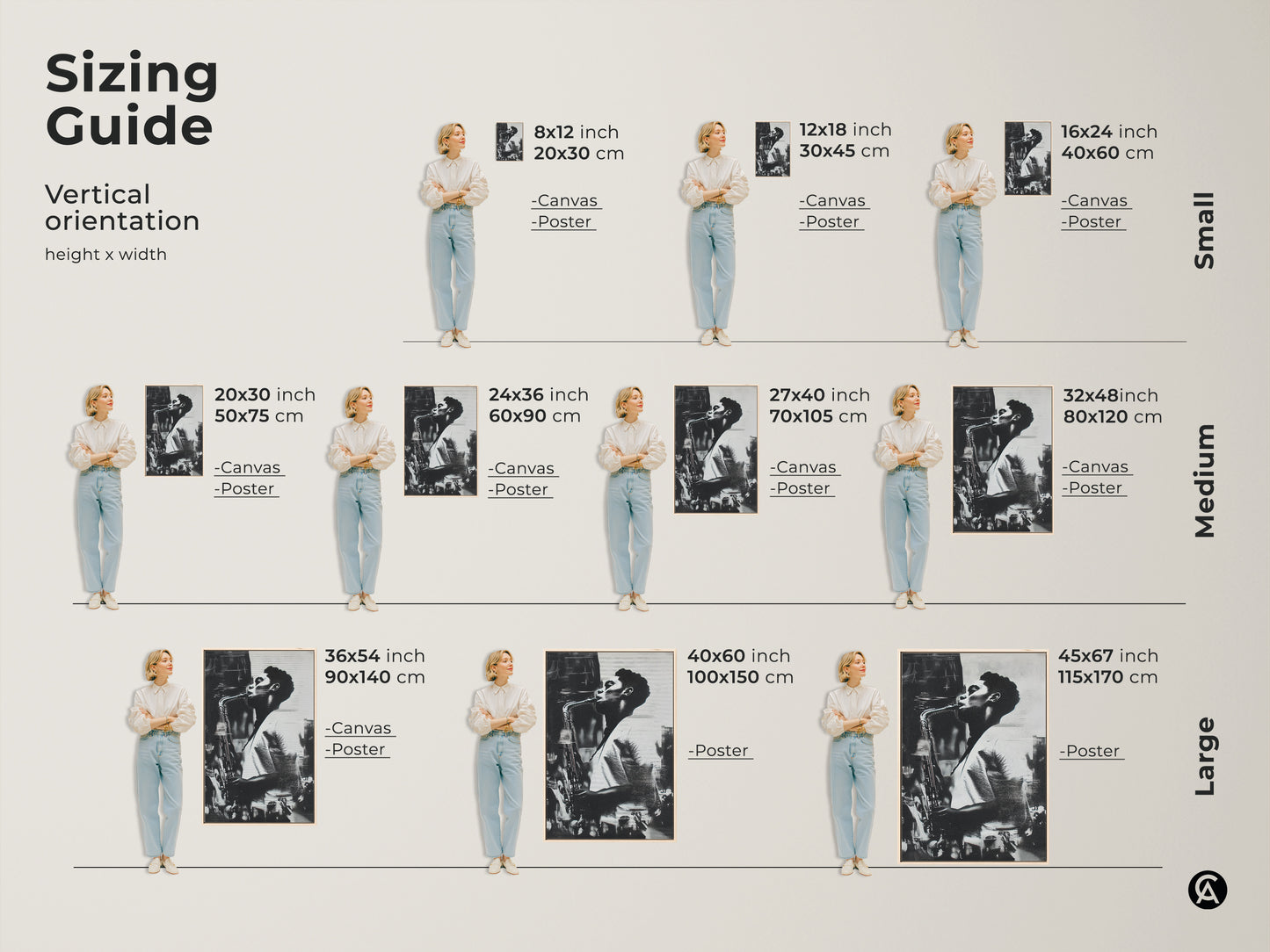 Sizing guide for saxophone art prints and canvas. Vertical orientation height x width options available. Sizes include 8x12 inch to 45x67 inches. Available in canvas and poster options. Find the perfect size for your space.