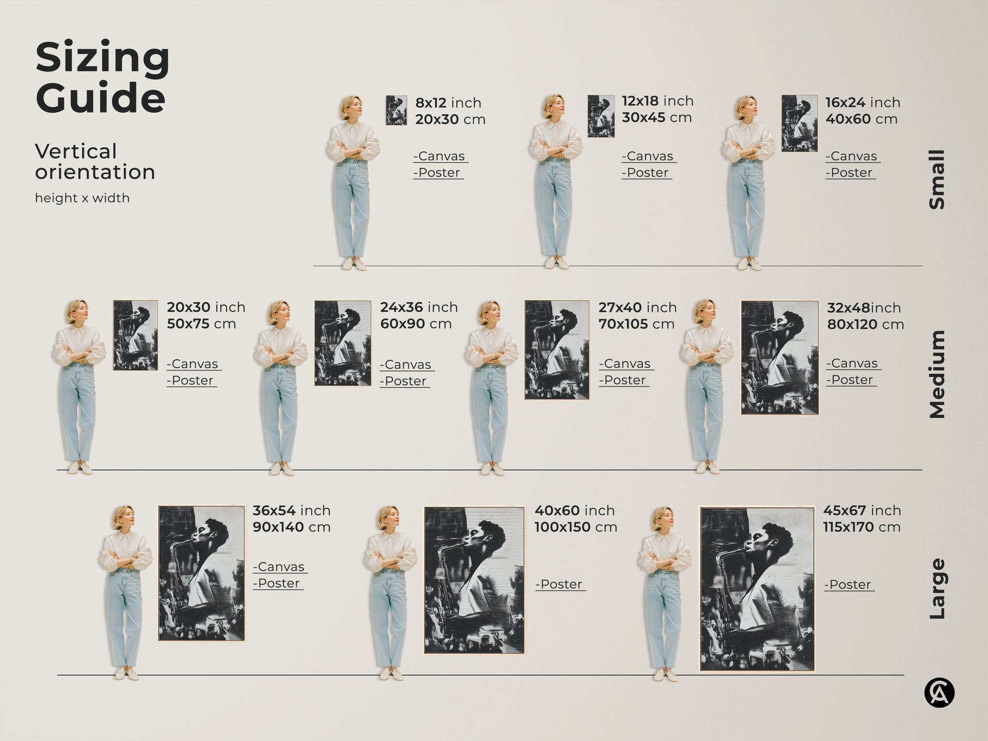 Sizing guide for saxophone art prints and canvas. Vertical orientation height x width options available. Sizes include 8x12 inch to 45x67 inches. Available in canvas and poster options. Find the perfect size for your space.