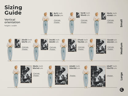 Sizing guide for saxophone art prints and canvas. Vertical orientation height x width options available. Sizes include 8x12 inch to 45x67 inches. Available in canvas and poster options. Find the perfect size for your space.
