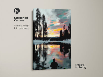This is a stretched canvas gallery wrap of a winter sunset art piece. The scene includes a rowboat impressionistically rendered. The mirror edges enhance the expressive nature art. It arrives ready to hang as bedroom wall art.