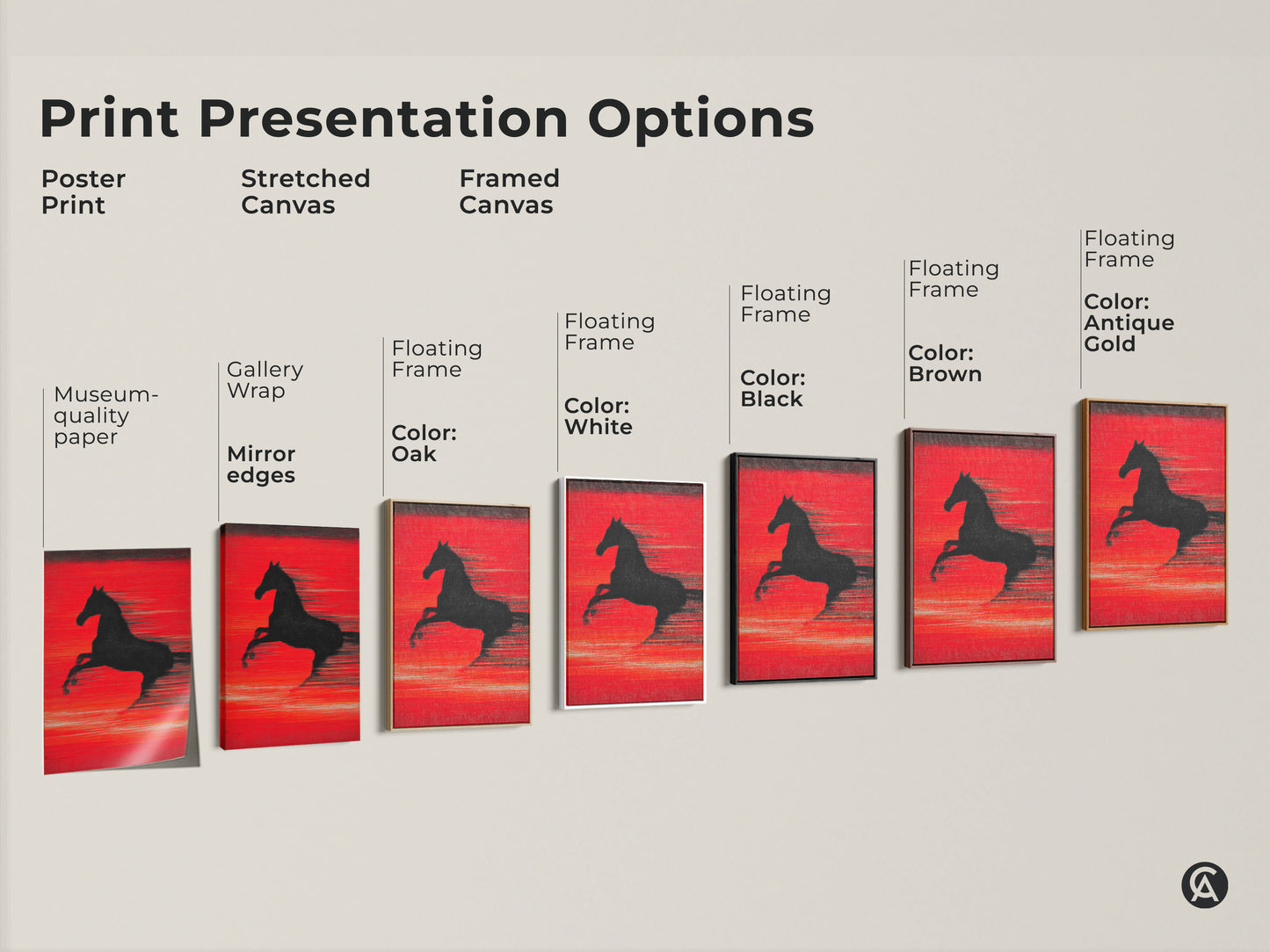 Explore print presentation options for abstract crimson horse art. Choose from poster prints stretched canvas and framed canvas. Various frame colors including black brown antique gold and white are available. Find the perfect match for your contemporary decor.