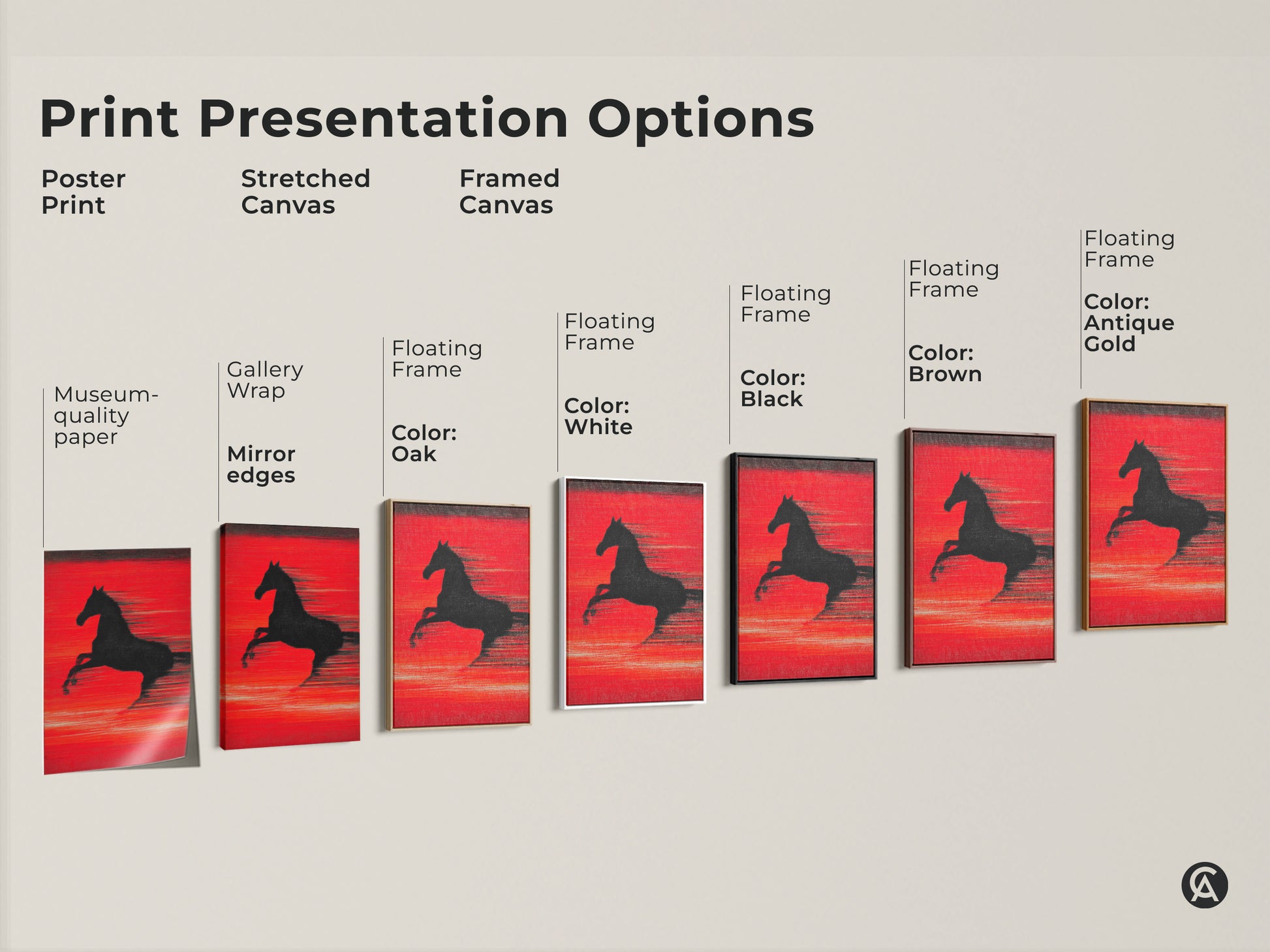 Explore print presentation options for abstract crimson horse art. Choose from poster prints stretched canvas and framed canvas. Various frame colors including black brown antique gold and white are available. Find the perfect match for your contemporary decor.