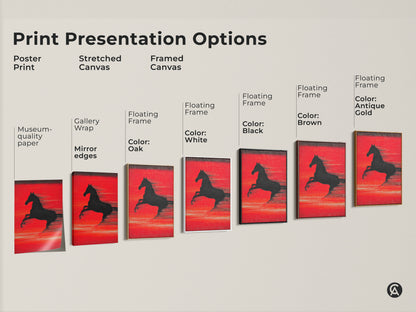 Explore print presentation options for abstract crimson horse art. Choose from poster prints stretched canvas and framed canvas. Various frame colors including black brown antique gold and white are available. Find the perfect match for your contemporary decor.