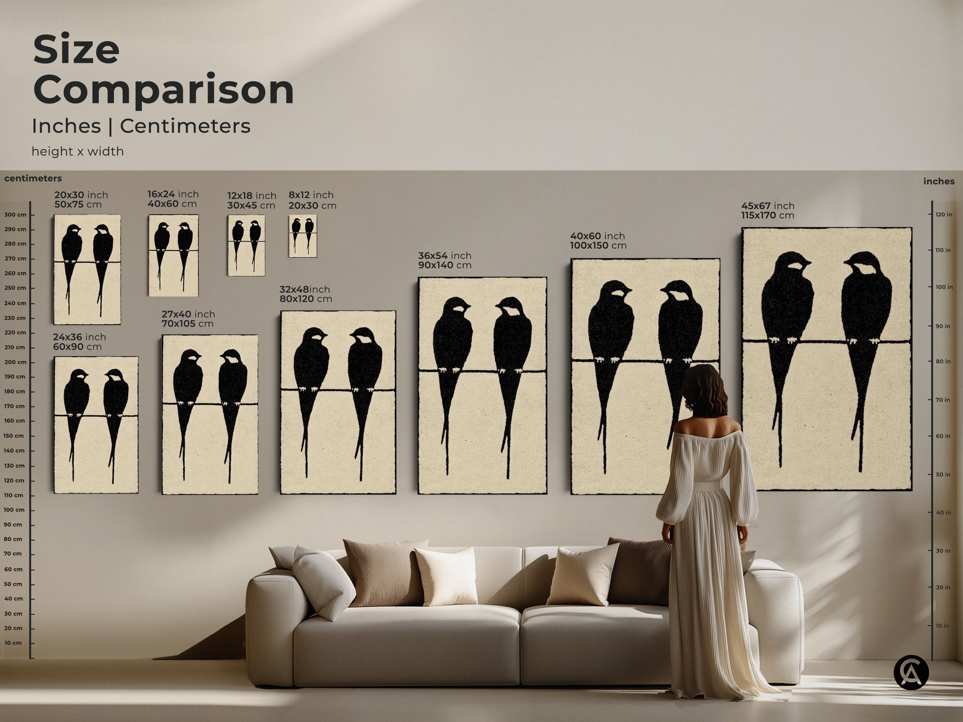 Size comparison of minimalist bird artwork in inches and centimeters. See how the black cream art print fits above a sofa for scale. The modern abstract animal art comes in various sizes. Visualize the impact of this Scandinavian-style art. Perfect for a bird couple artwork.