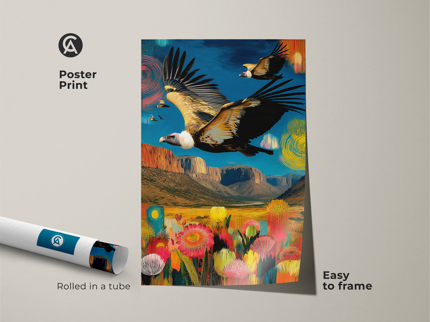 Poster art print displays a vulture soaring over an abstract canyon landscape. This colorful wildlife art arrives rolled in a tube making it easy to frame. The nature-inspired print is perfect for adding a vibrant touch to any space. A great eclectic home decor piece.