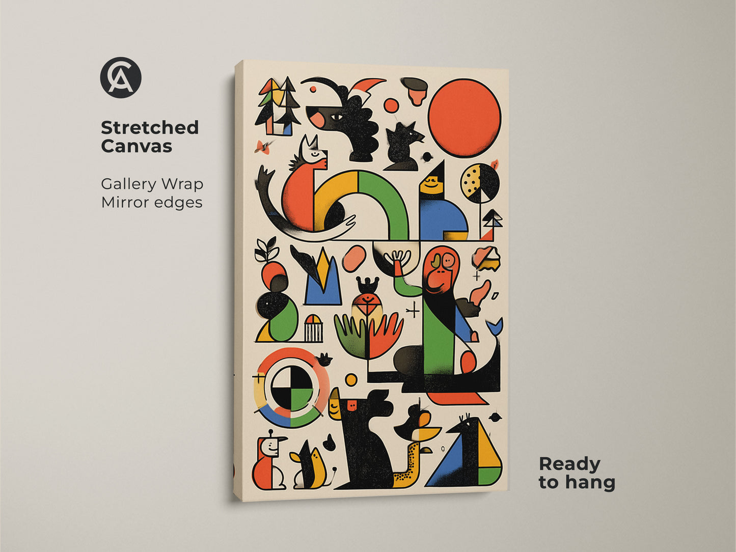 Stretched Canvas featuring Mid-Century Modern artwork. Abstract geometric shapes create playful dog and bird motifs. Gallery wrapped with mirror edges this Bauhaus style art is ready to hang.