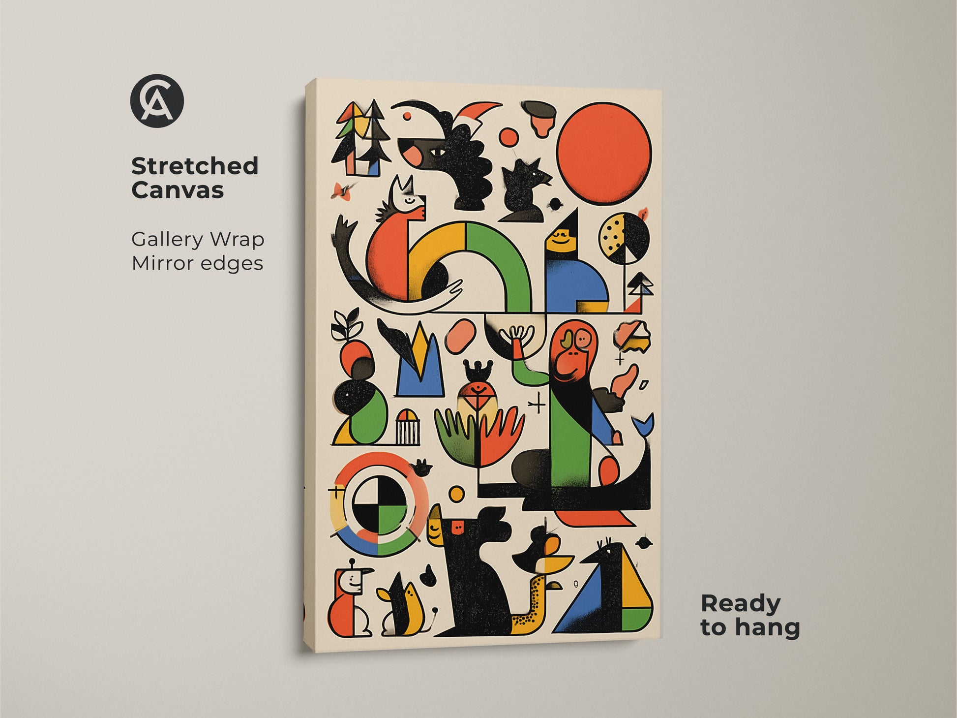 Stretched Canvas featuring Mid-Century Modern artwork. Abstract geometric shapes create playful dog and bird motifs. Gallery wrapped with mirror edges this Bauhaus style art is ready to hang.