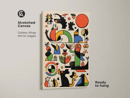 Stretched Canvas featuring Mid-Century Modern artwork. Abstract geometric shapes create playful dog and bird motifs. Gallery wrapped with mirror edges this Bauhaus style art is ready to hang.