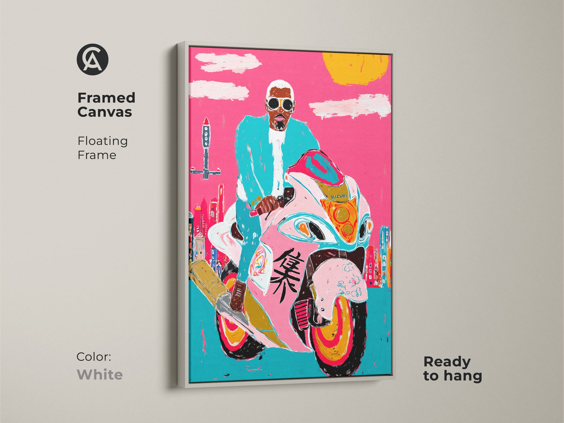 A white framed canvas featuring a pop art motorcycle rider. Hot pink and turquoise hues create a vibrant urban cityscape. Ready to hang this unique transportation print. Contemporary city art for a modern pop art decor style room.