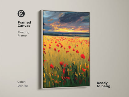 A white floating frame showcases a canvas art print of a red poppy field. Ready to hang this floral landscape enhances any room. Perfect as boho home decor or a thoughtful gift for nature art lovers.