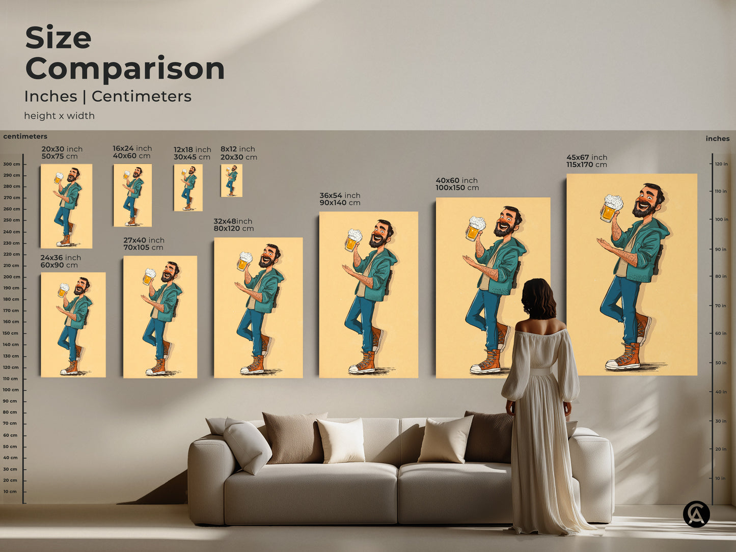 Size comparison of the funny beer man artwork in inches and centimeters. It helps you visualize the perfect fit for your space. This eclectic art print is ideal for a bar man cave or kitchen. It is a great gift for beer lovers or for Father's Day for dad. This art will brighten any room.
