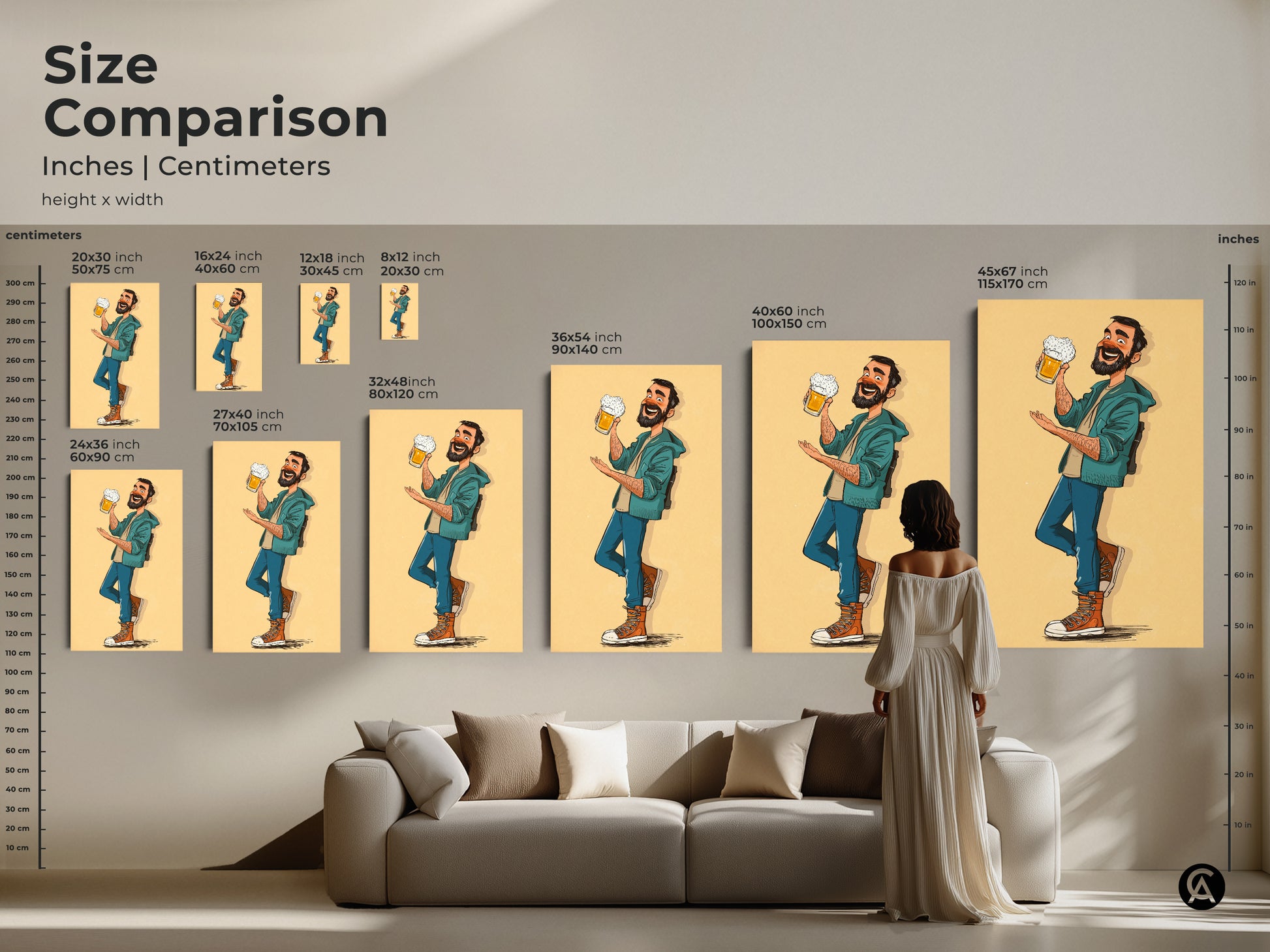 Size comparison of the funny beer man artwork in inches and centimeters. It helps you visualize the perfect fit for your space. This eclectic art print is ideal for a bar man cave or kitchen. It is a great gift for beer lovers or for Father's Day for dad. This art will brighten any room.