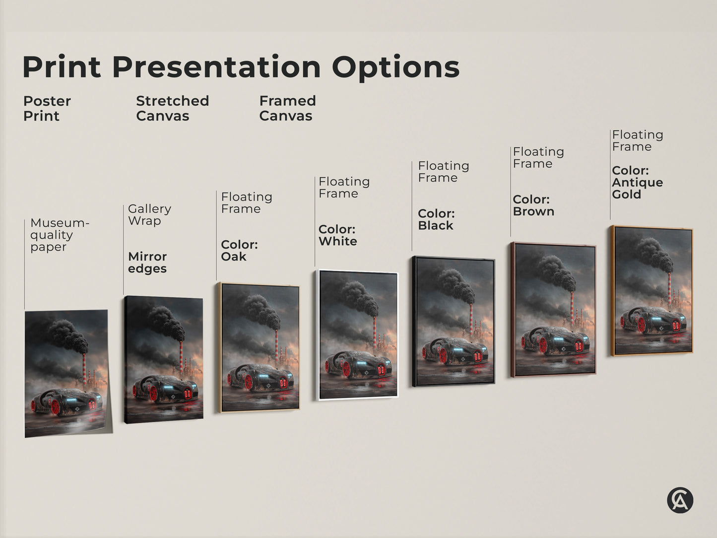 This image showcases various print presentation options. It displays poster prints stretched canvases and framed canvases. The cyberpunk supercar artwork is featured in each option. It allows customers to see the dark industrial car print in different formats. Choose the perfect art for your office garage or man cave.
