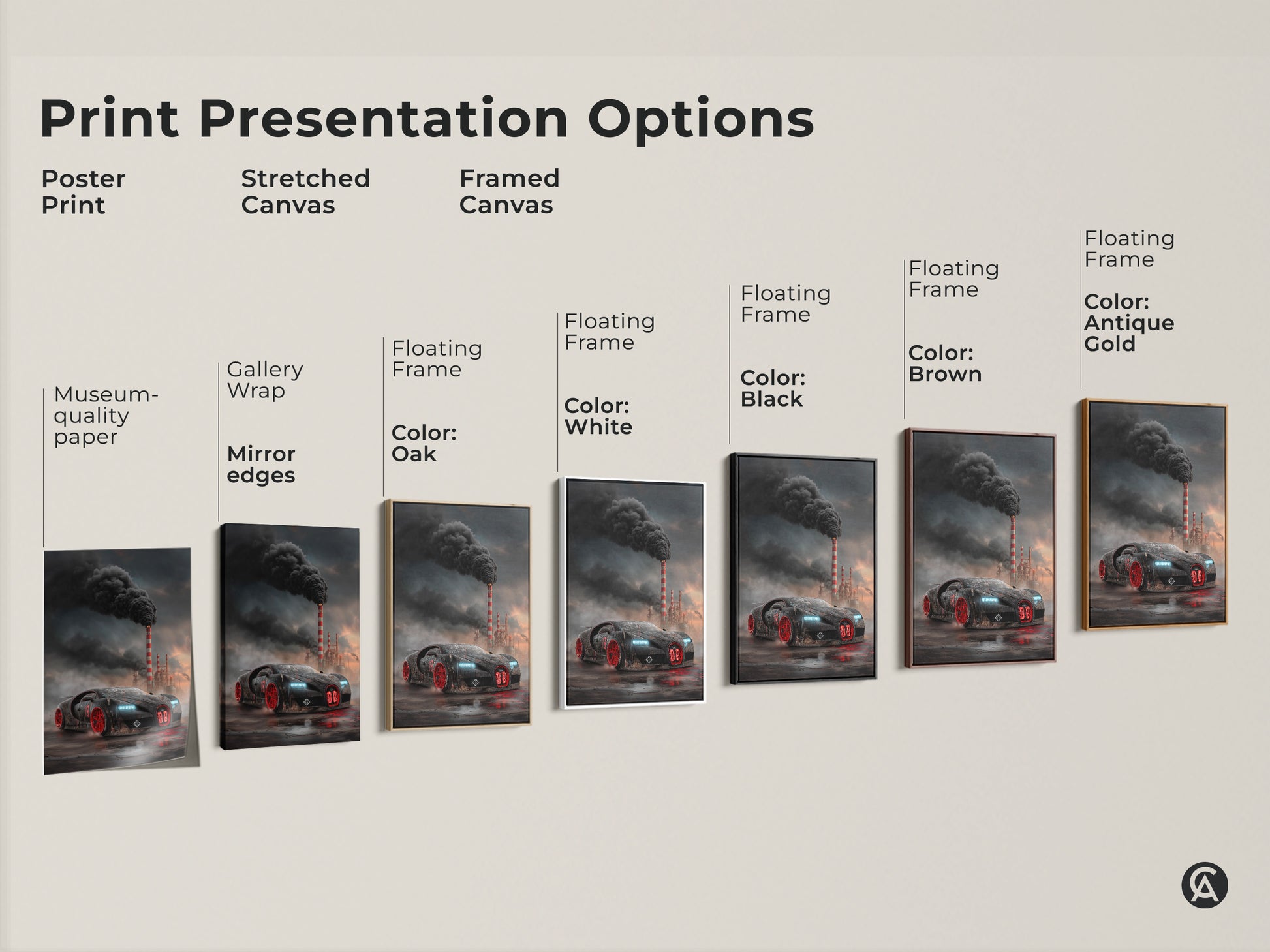 This image showcases various print presentation options. It displays poster prints stretched canvases and framed canvases. The cyberpunk supercar artwork is featured in each option. It allows customers to see the dark industrial car print in different formats. Choose the perfect art for your office garage or man cave.