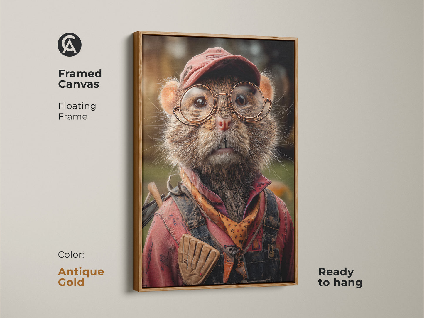 An antique gold framed canvas features cute mouse artwork. The animal wears red overalls and glasses. It is ready to hang. Perfect for adding a rustic touch. This piece is a unique birthday gift for him. It is great wall decor for adding eclectic den artwork.