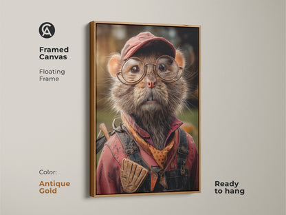 An antique gold framed canvas features cute mouse artwork. The animal wears red overalls and glasses. It is ready to hang. Perfect for adding a rustic touch. This piece is a unique birthday gift for him. It is great wall decor for adding eclectic den artwork.