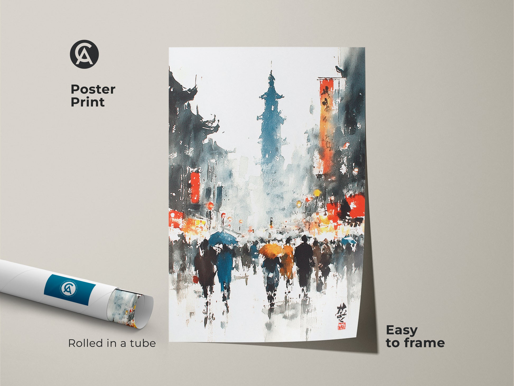 A museum-quality poster print showcases a rainy Asian cityscape. Figures with umbrellas are painted in watercolor. This piece is easy to frame and adds artistic flair to your space.