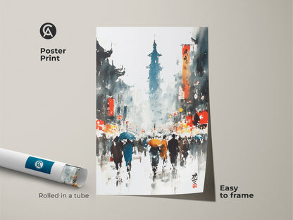 A museum-quality poster print showcases a rainy Asian cityscape. Figures with umbrellas are painted in watercolor. This piece is easy to frame and adds artistic flair to your space.