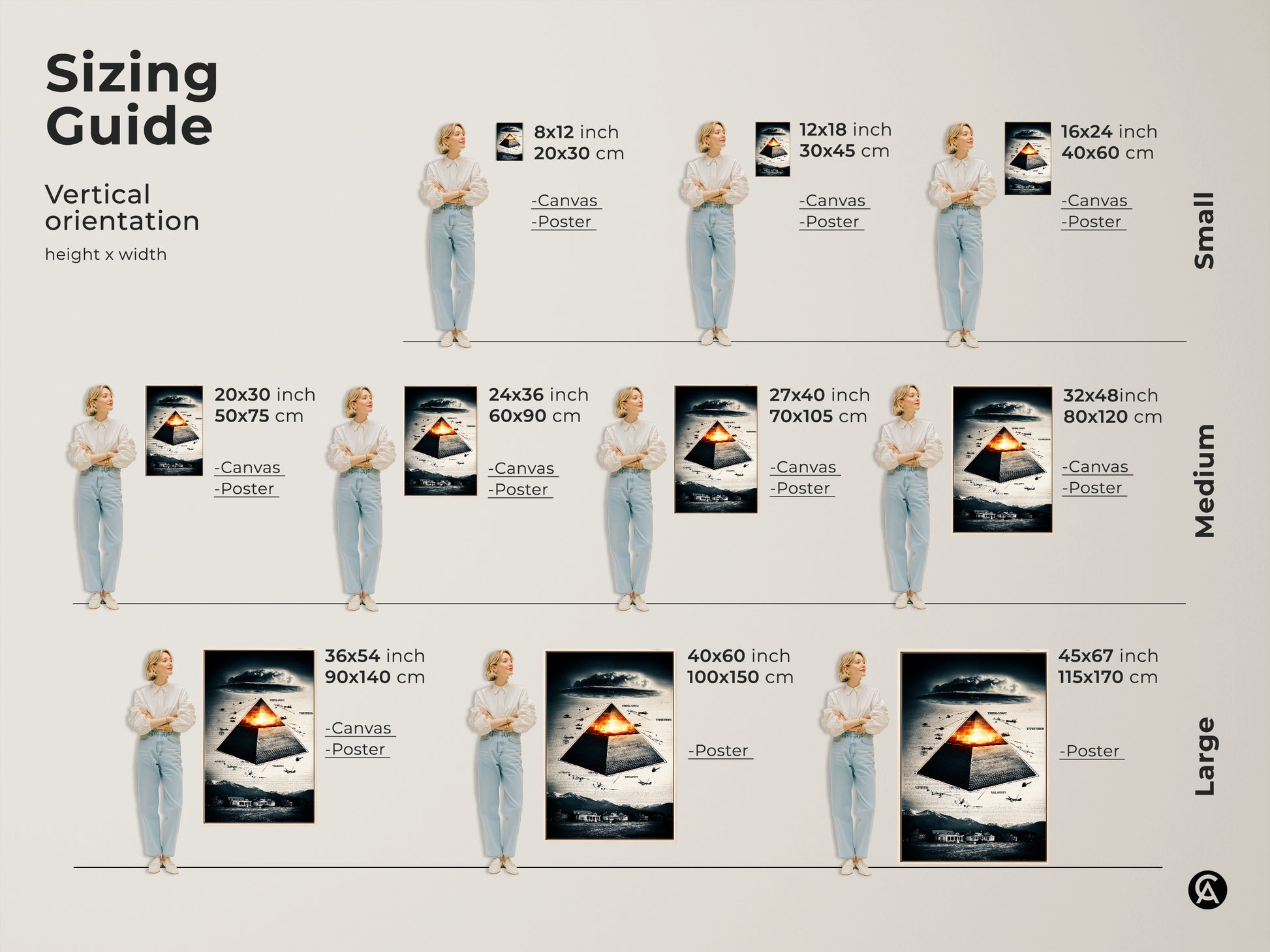 Sizing guide for vertical surreal pyramid art. Artwork is available in canvas & poster formats. Sizes range from small 8x12 to large 45x67 inches. Perfect as office decor or a unique gift. The symbolic aircraft & deep blue orange colors enhance any space. Ideal for eclectic home styles for conspiracy theorists.