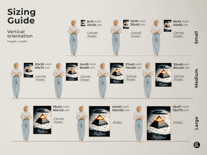 Sizing guide for vertical surreal pyramid art. Artwork is available in canvas & poster formats. Sizes range from small 8x12 to large 45x67 inches. Perfect as office decor or a unique gift. The symbolic aircraft & deep blue orange colors enhance any space. Ideal for eclectic home styles for conspiracy theorists.