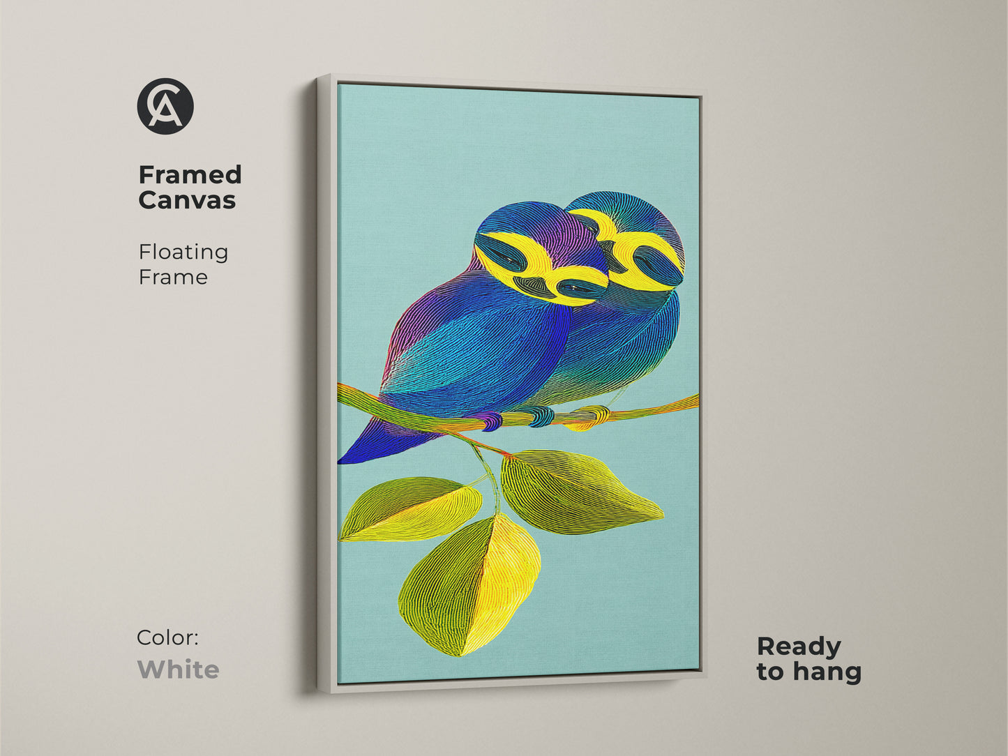 A white floating frame highlights this canvas art print featuring a line art bird couple. The clean modern aesthetic complements any home decor. The ready-to-hang artwork adds a fresh contemporary touch to your walls. The teal yellow and blue colors in this nature-inspired bird artwork creates a peaceful ambiance.