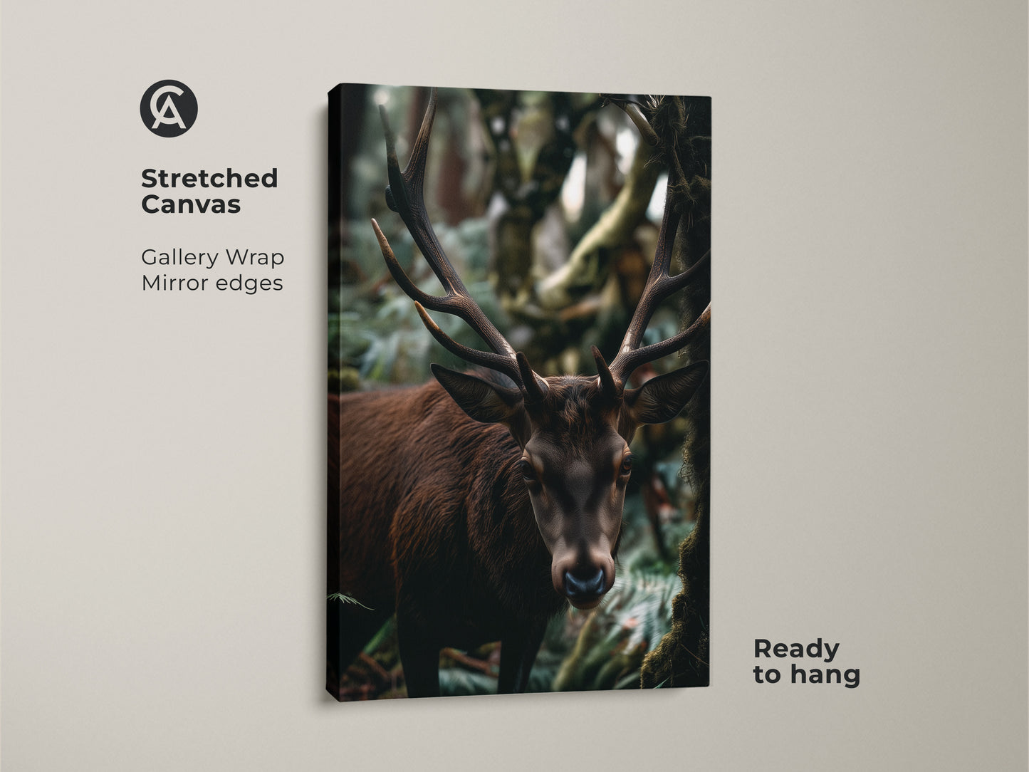 A stretched canvas showcases a striking deer in a lush forest. This gallery wrap print is ready to hang. It features a mirror edge adding depth. The wildlife photography art captures nature's beauty. It is perfect rustic bedroom decor. The antler art brings the outdoors inside.