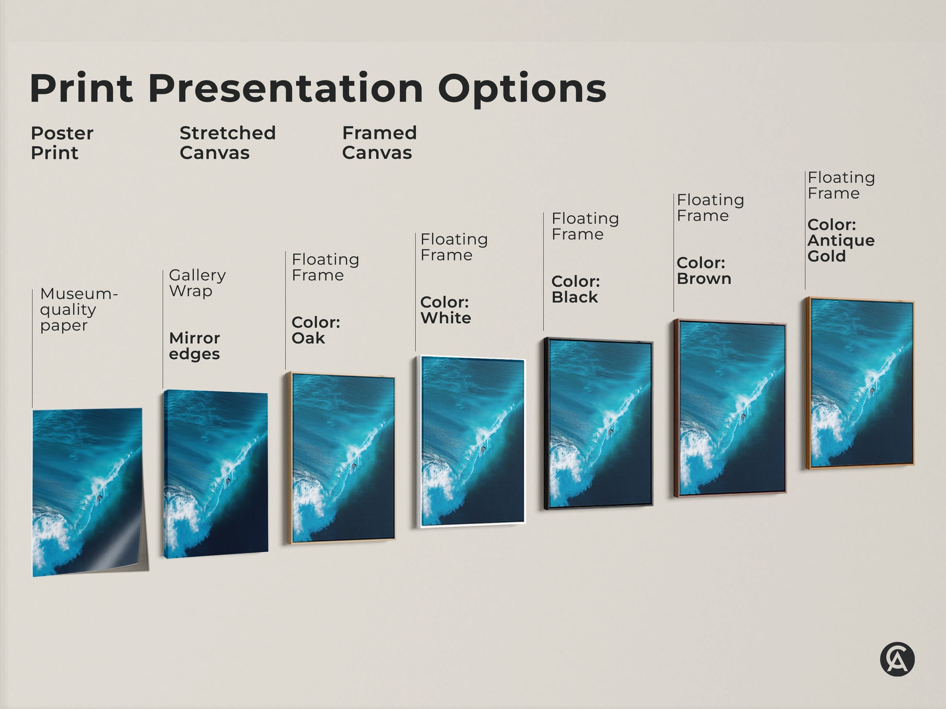Explore print presentation options. Choose from poster prints stretched canvas or framed canvas. Each piece features a surfer riding a blue wave. Find the perfect style to match your decor needs. Transform your space with surf art today