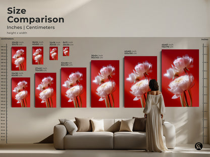Size comparison of ranunculus flower artwork. See how different sizes fit above a sofa. Visualize the impact of this floral art in your living room. Choose the perfect size to complement your home decor.