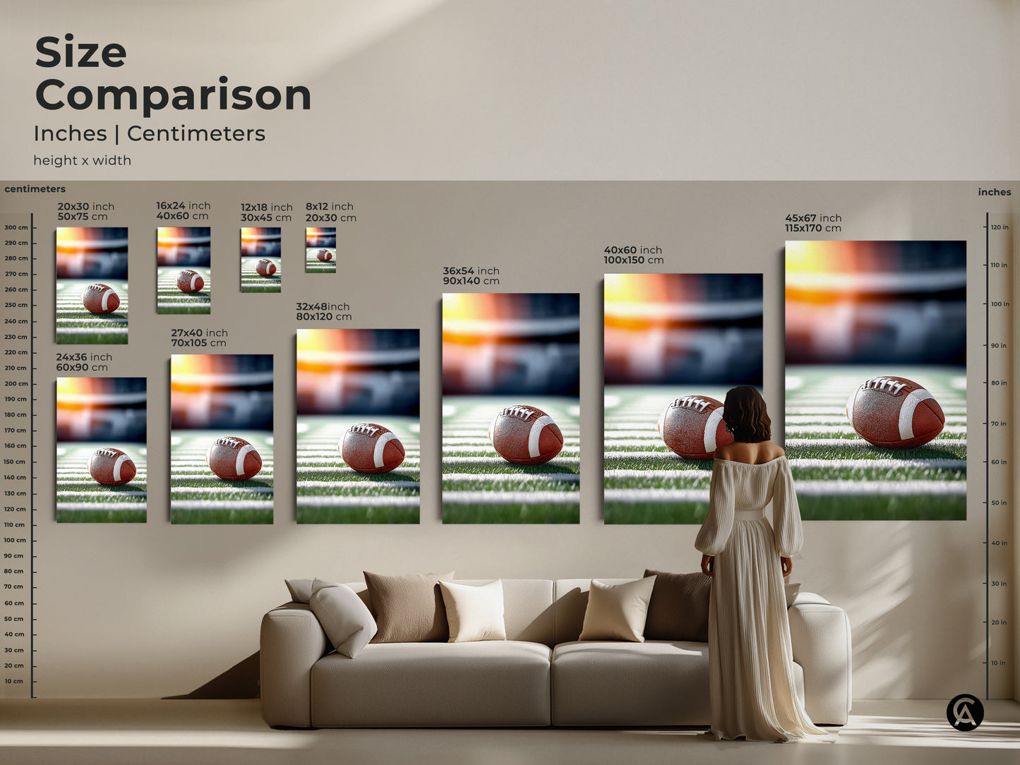 Size comparison of realistic football artwork in inches and centimeters. See how the canvas and poster prints look in various sizes. Ranging from small to large. Visualize the artwork's impact on your living room decor. Perfect for a man cave.