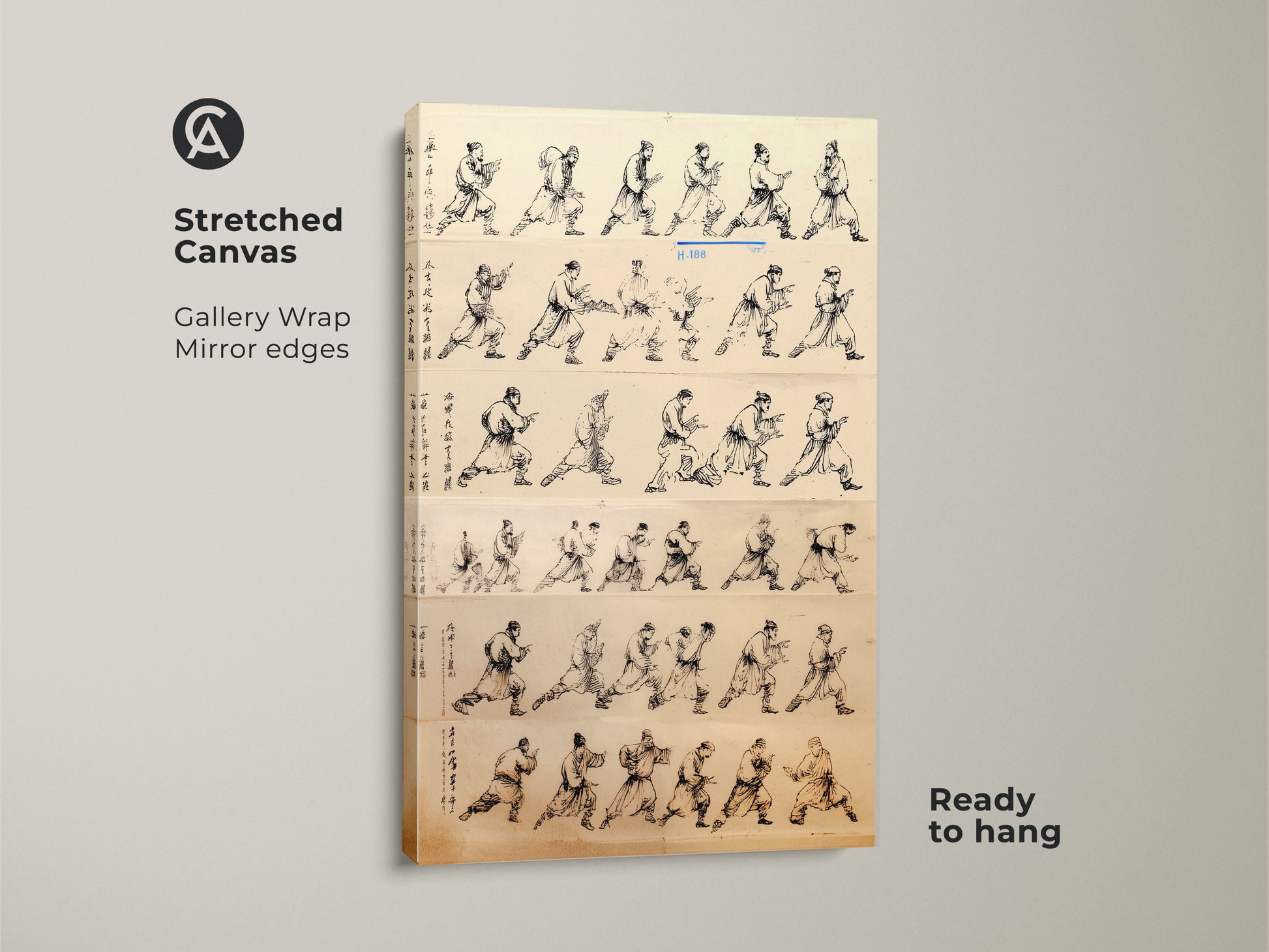 Stretched canvas gallery wrap featuring minimalist ink wash art. This martial arts action poses wall decor is ready to hang. Black sepia line art adds elegance to any space. This art print is a perfect gift for martial arts practitioners. The artwork's historical art and action pose themes make it a unique addition.