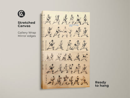 Stretched canvas gallery wrap featuring minimalist ink wash art. This martial arts action poses wall decor is ready to hang. Black sepia line art adds elegance to any space. This art print is a perfect gift for martial arts practitioners. The artwork's historical art and action pose themes make it a unique addition.