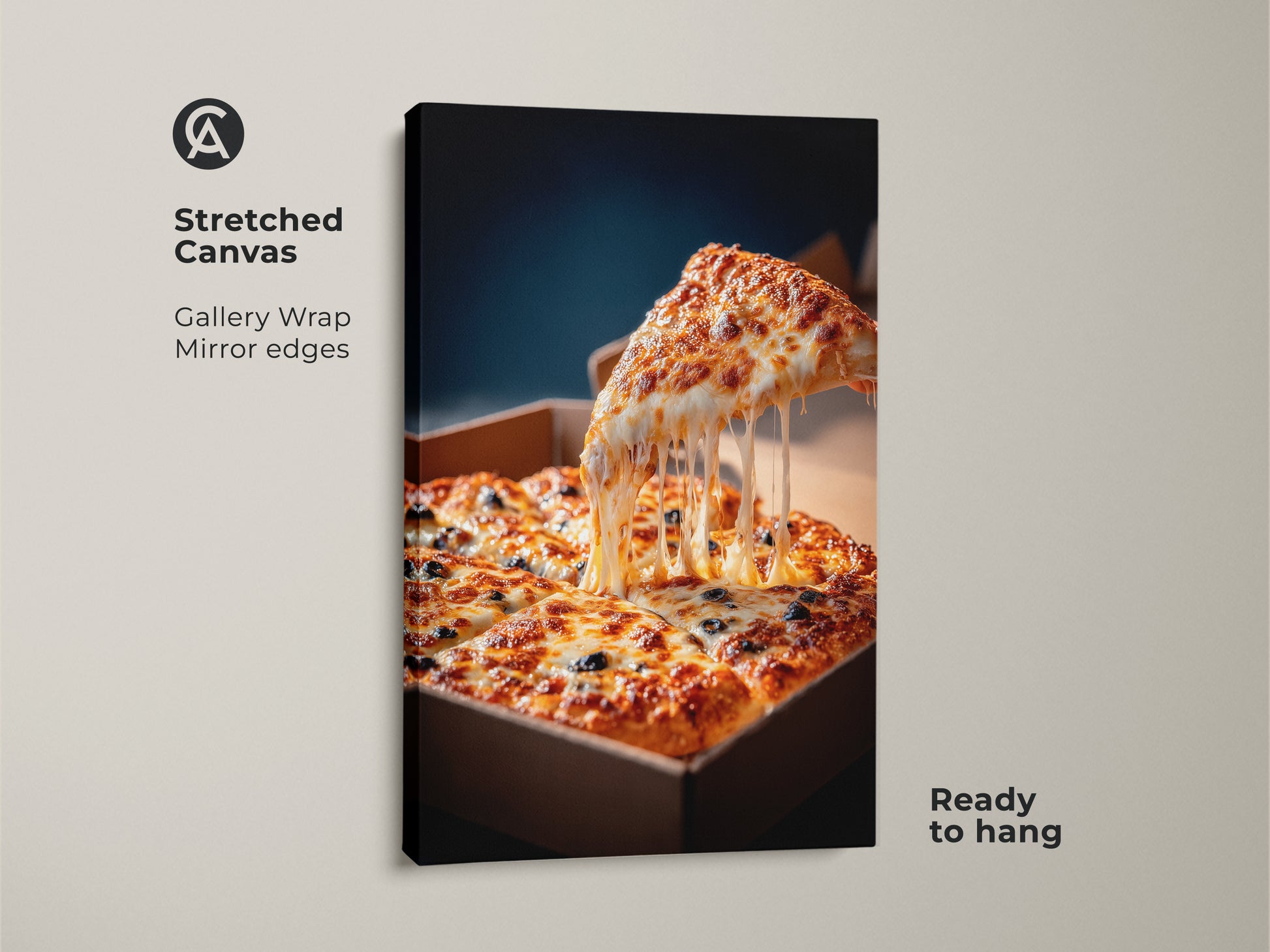 Stretched canvas gallery wrap pizza art. The artwork showcases mirror edges. A slice of pizza is lifted with melted cheese. The square pizza is in a cardboard box. This pizza artwork is ready to hang.