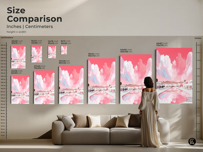 Size comparison of a coral poolside wall art in a living room setting. Visualize this modern abstract landscape print in your home. The contemporary travel decor creates luxury hotel vibes Vacation Vibes Wall Art.