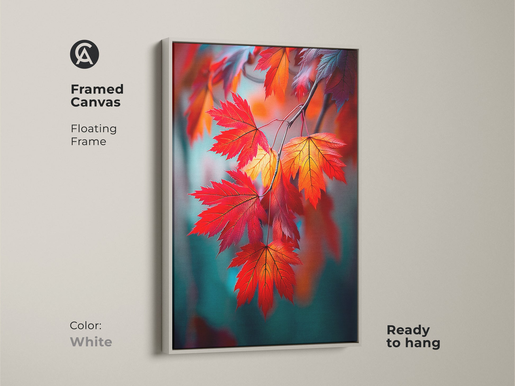 Framed canvas maple leaf artwork with a white floating frame. The artwork is ready to hang. This botanical art print offers a clean modern look. Perfect for any room seeking a fresh update.