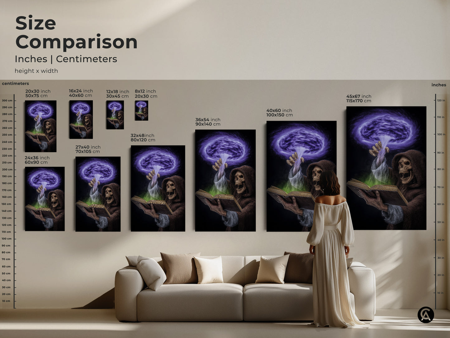 Size comparison of dark fantasy artwork. Inches and centimeters are shown. Gothic spellbook art featuring a Grim Reaper and spellbook is displayed. Purple and green magic wall art is perfect for goth home decor. Ideal for eclectic living rooms studies or offices this art makes a unique Halloween gift.
