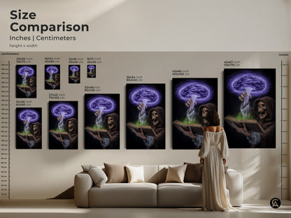 Size comparison of dark fantasy artwork. Inches and centimeters are shown. Gothic spellbook art featuring a Grim Reaper and spellbook is displayed. Purple and green magic wall art is perfect for goth home decor. Ideal for eclectic living rooms studies or offices this art makes a unique Halloween gift.