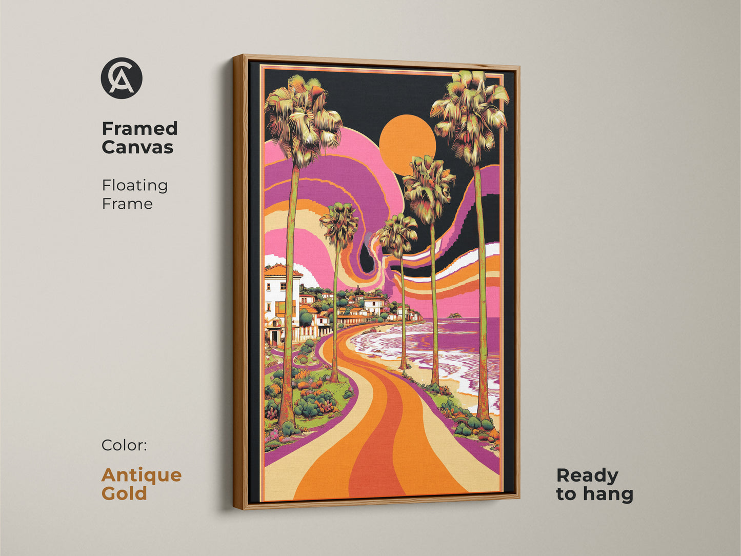 Unique tropical art framed in white. This artwork includes a psychedelic coastal scene print. The palm tree canvas art features vibrant orange purple yellow decor. The framed canvas makes it a perfect beach house wall hanging or retro entryway art.