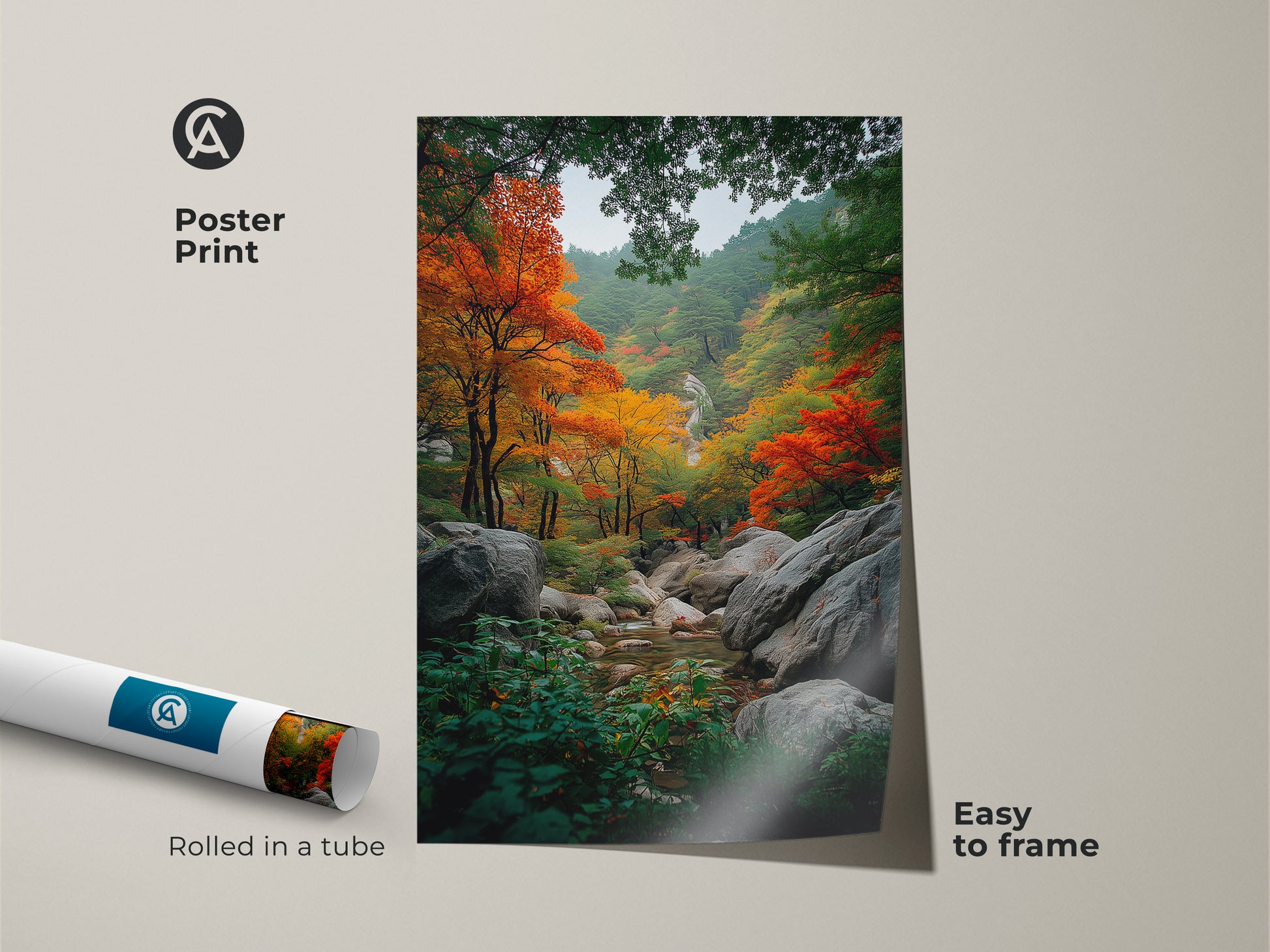 Poster print of autumn forest landscape art. This museum-quality paper showcases vibrant fall foliage. The picturesque scene features trees with orange and red leaves. A stream flows through rocks. Easy to frame for your home or office.