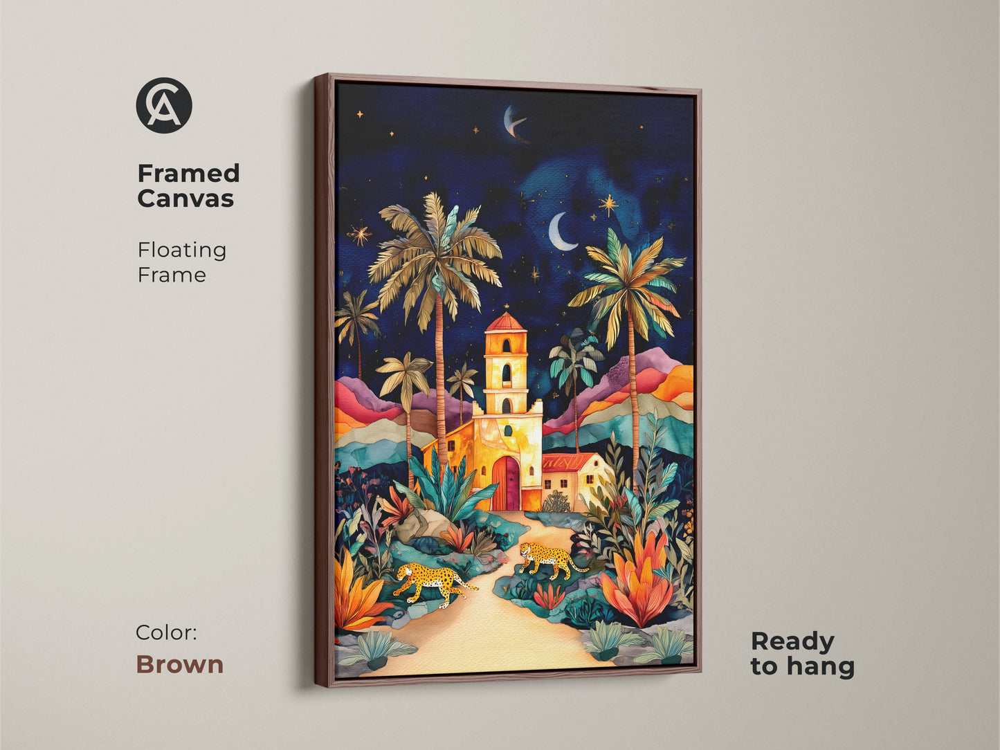 Framed canvas art with a brown floating frame. It showcases a vibrant night sky with cheetahs and palm trees. This colorful landscape brings a boho touch to any room. The artwork is ready to hang and perfect for adding an exotic and natural element to your home. A unique housewarming gift idea.