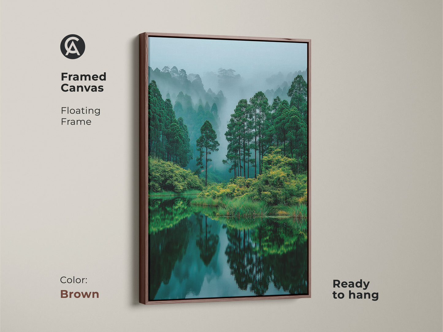 Brown framed canvas artwork of a tranquil forest lake. The floating frame complements the nature scene. Ready to hang this art piece brings a warm earthy tone and serene landscape to your walls.